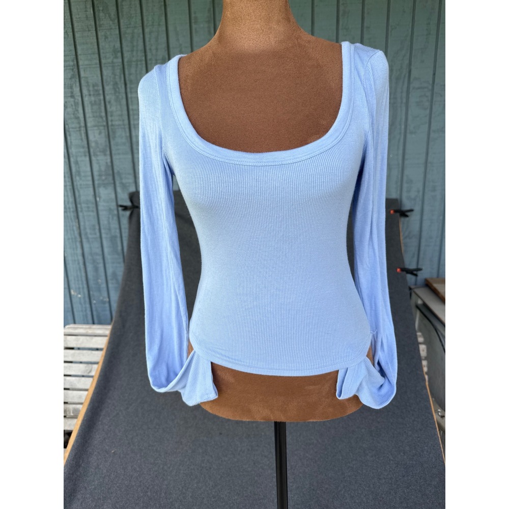 Garage Light Blue Ribbed Scoop Neck Long Sleeve Top Small Curved Hem
